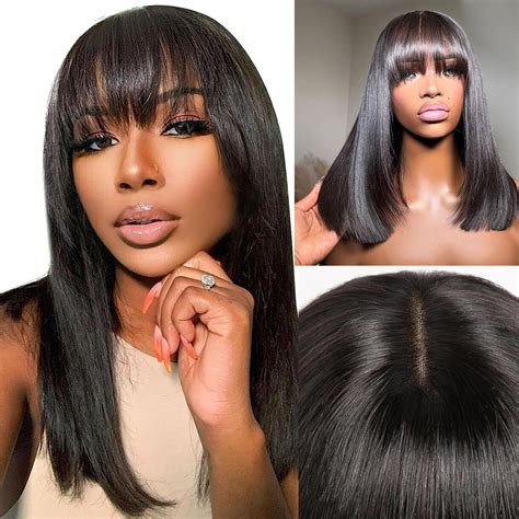 Romface Human Hair Wigs With Bangs Human Hair Straight Short Bob Wigs