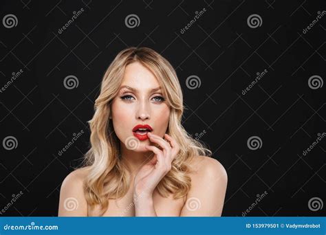 Pretty Young Blonde Woman With Bright Makeup Red Lips Posing Isolated