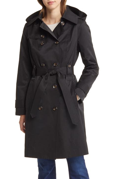 London Fog Belted Water Repellent Trench Coat With Removable Hood In