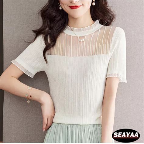 Women Summer Short Sleeve T Shirt Fashion Hollow Out Knit Shirt Lace Round Neck Top Sy Shopee