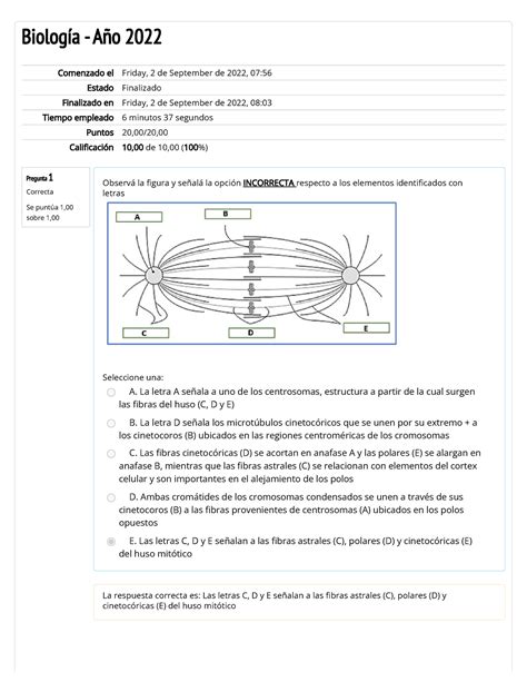 Autoevaluaci N De Tp Biolog A Pregunta Correcta Se Punt A