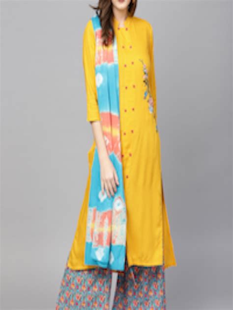 Buy Yufta Women Mustard Yellow And Blue Solid Kurta With Palazzos