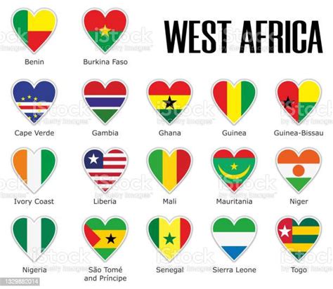 Set Flags West Africa In Heart With Shadow And White Outline With Names