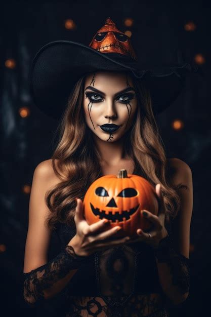 Premium AI Image | young beautiful woman with spooky makeup in witch halloween costume wear witches