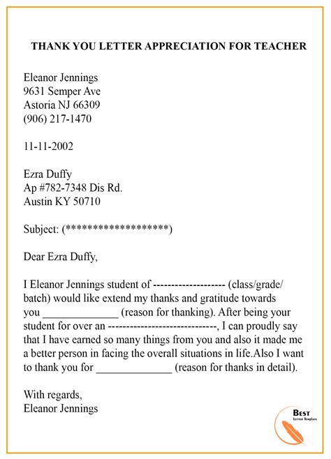 Thank You Letter Template For Appreciation Sample Examples