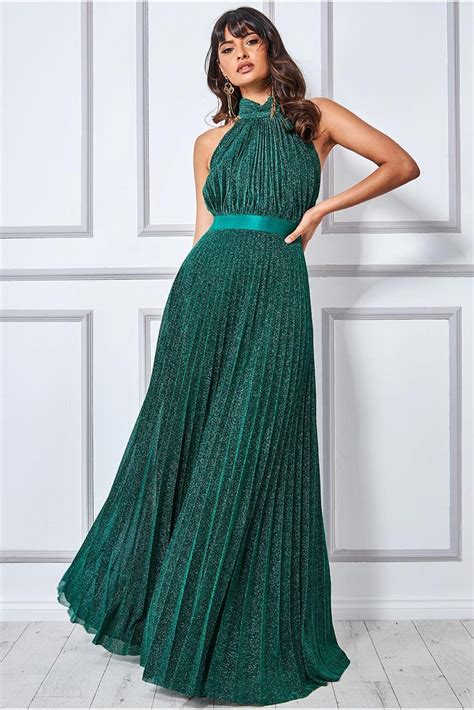 Goddiva Lurex Halterneck Pleated Maxi Dress Emerald