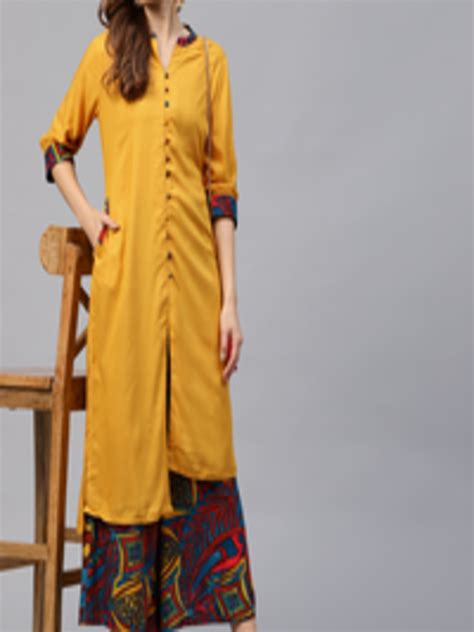 Buy Shree Women Mustard Yellow And Blue Solid Kurta With Palazzos Kurta