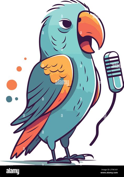 Cute cartoon parrot singing a song with microphone. Vector illustration ...