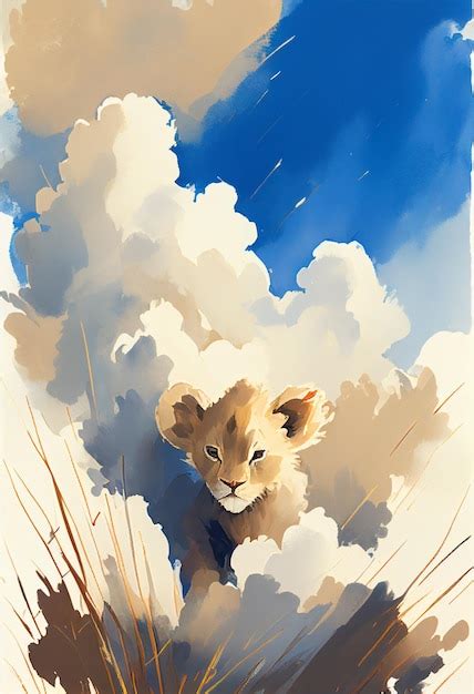 Premium AI Image | A painting of a lion cub in the clouds