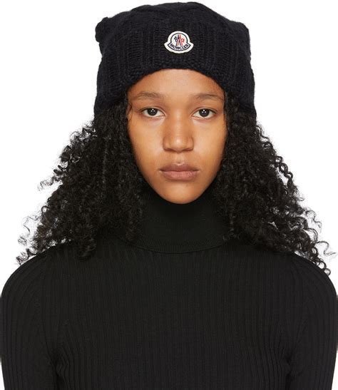 Moncler Black Wool Pompom Logo Beanie Ssense