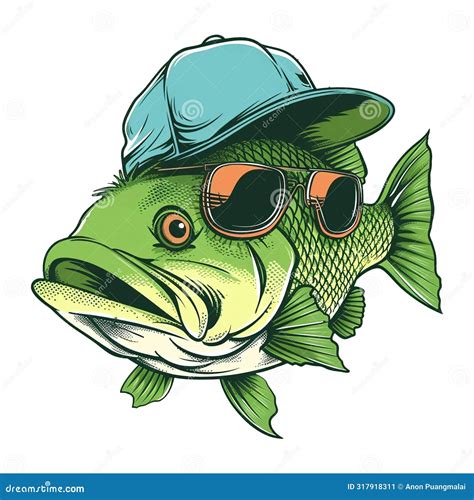 Funny Bass Fish Wearing Cap And Sunglasses In Style Of Watercolor