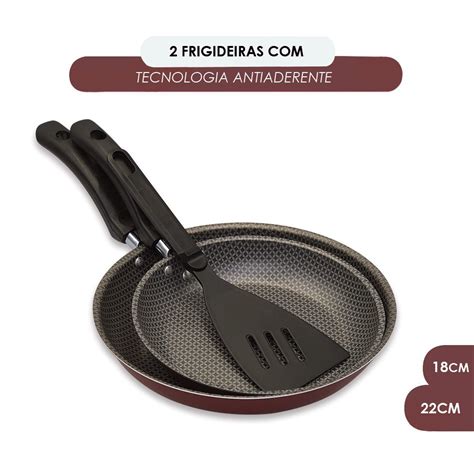 Kit Frigideira Enjoy Francesa 18 22cm Espatula Vermelho