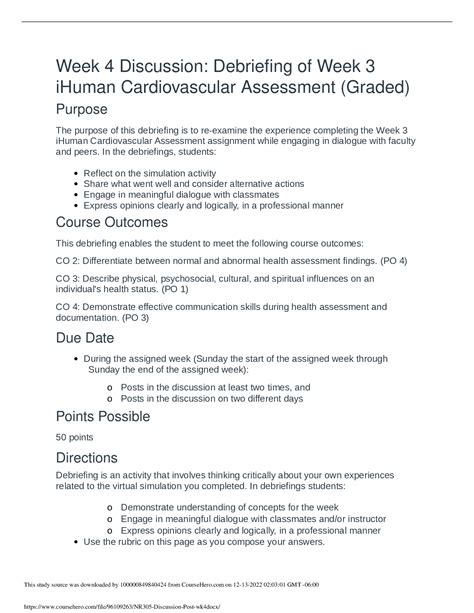 NR 305 Week 4 Discussion Debriefing Of Week 3 IHuman Cardiovascular