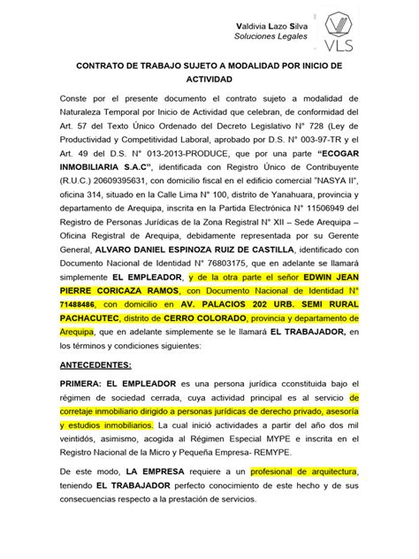 Contrato Mype Arquitecto Pdf Derecho Laboral Salario