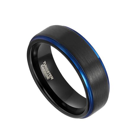 Black And Blue Mens Tungsten Carbide Wedding Rings With Brushed Center In 2020 Tungsten