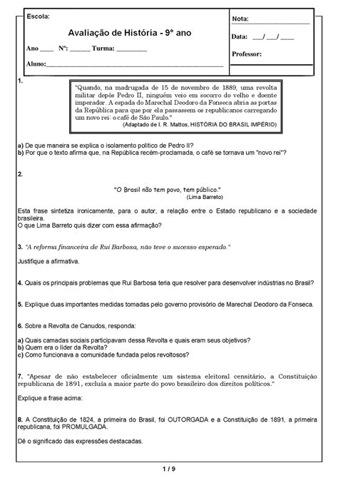 AvaliaÇÃo De HistÓria 9° Ano Com Gabarito Atividades Para Imprimir