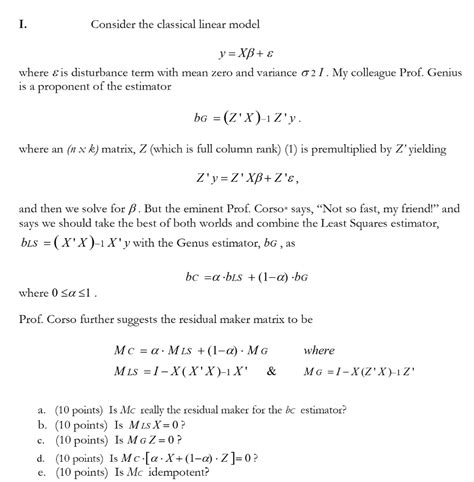 Solved Consider The Classical Linear Model Y Xb E Where ε