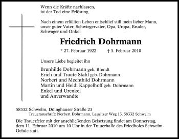 Traueranzeigen Von Friedrich Dohrmann Trauer In NRW De