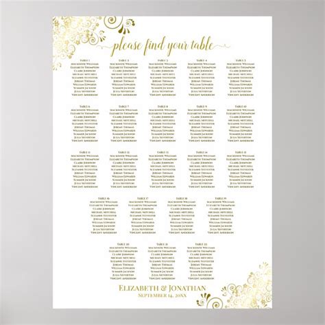 22 Table Wedding Seating Chart White Gold Frills Zazzle