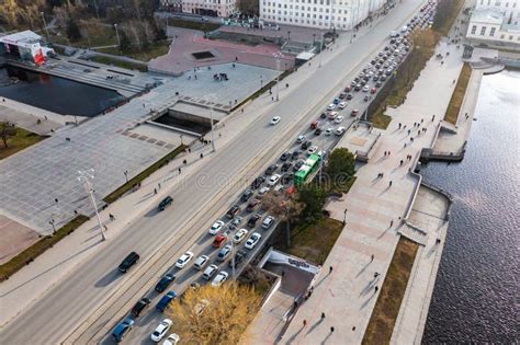 Drone Top Down View of the City Center River Embankment and Traffic ...