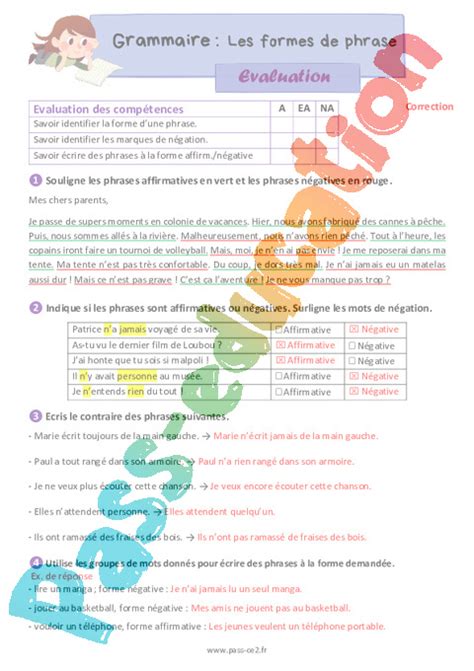 Les formes de phrase Évaluation grammaire pour le ce2 PDF à imprimer