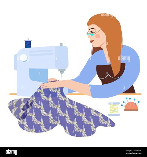 Fashionable Girl Seamstress Dressmaker Sews A Stylish Dress On A Sewing