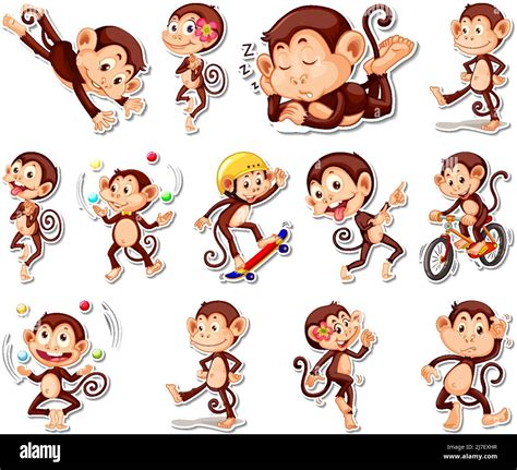 Sticker Set Of Funny Monkey Cartoon Characters Illustration Stock