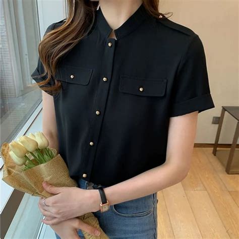 Elegant Short Sleeve Buttoned Chiffon Blouse Tops Soft Chiffon Etsy