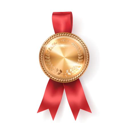 Glittering Gold Medal Badge With Red Ribbon Realistic Illustration