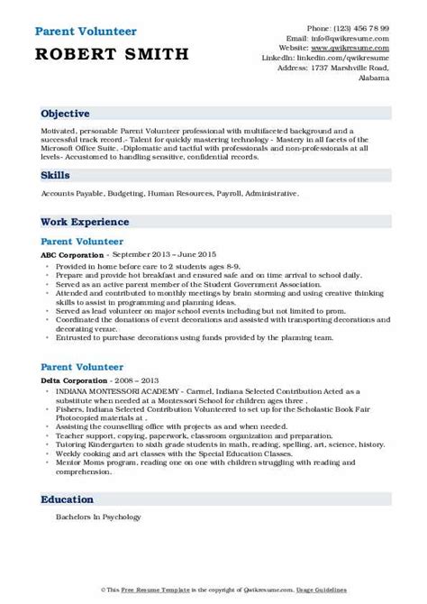 Parent Volunteer Resume Samples QwikResume