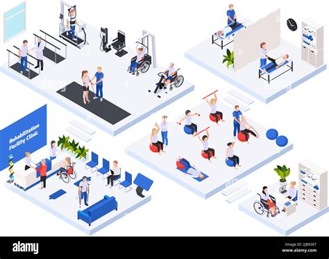 Rehabilitation physiotherapy clinic concept isometric layout with reception waiting room massage ...