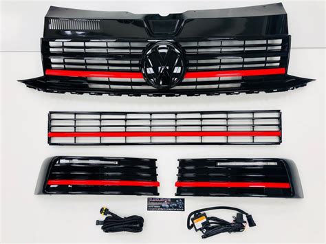 T6 Gloss Black Upper And Lower Grilles Red Trims With Light Bar Drl Kit