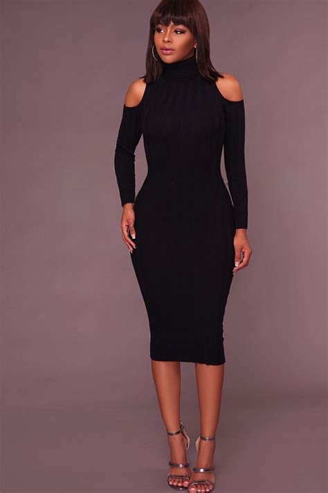 Black Cold Shoulder Long Sleeve Bodycon Midi Dress Long Sleeve Bodycon Midi Dress Long Sleeve