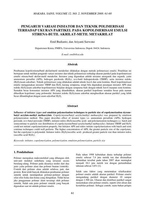 (PDF) Influence Of Initiator Types And Emulsion Polymerization Techniques To Particle Size Of ...