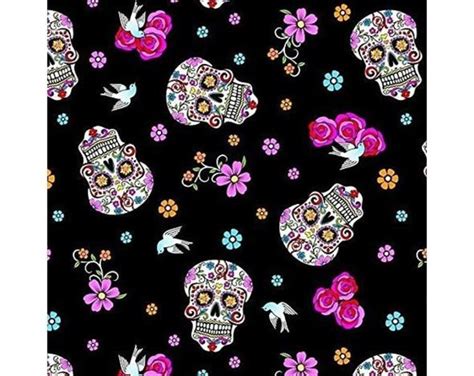 Skull Fabric On Black Cotton Fabric 100 Percent Cotton Fabric Sugar Skulls Day Of The Dead Etsy