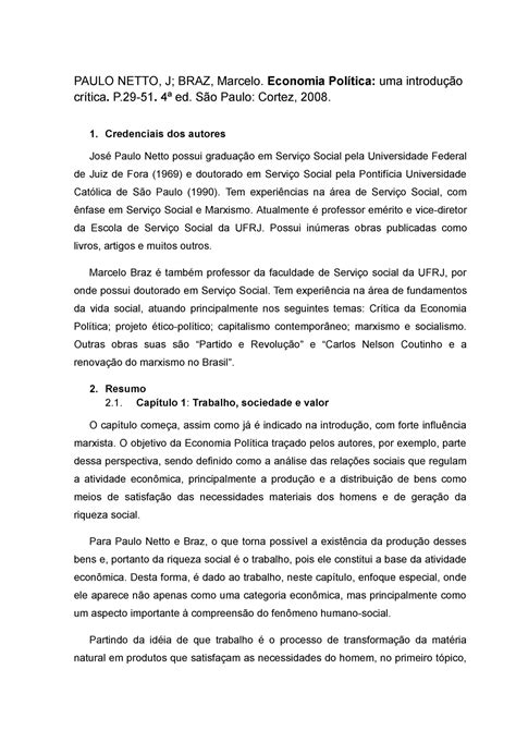 Resenha Economia Política Uma introdução de josé Paulo Netto e