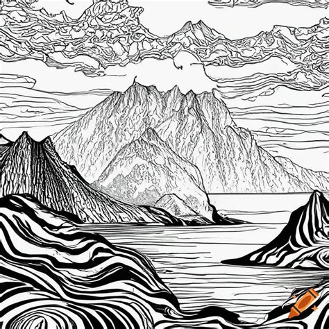 Black and white coloring page of koolau mountains in hawaii