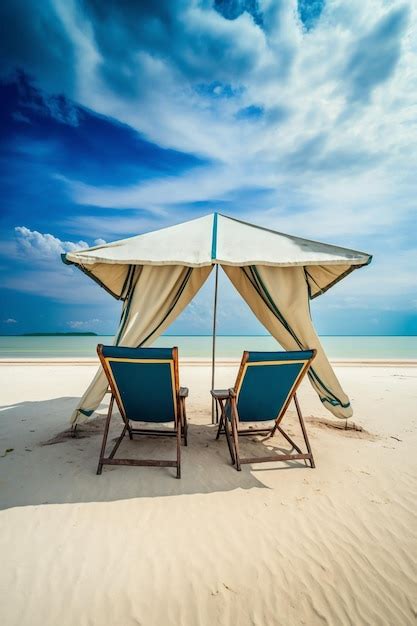 Uma cena de praia duas cadeiras de praia e um céu azul nuvens