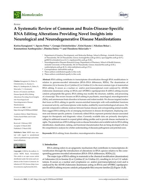 Pdf A Systematic Review Of Common And Brain Disease Specific Rna Editing Alterations Providing