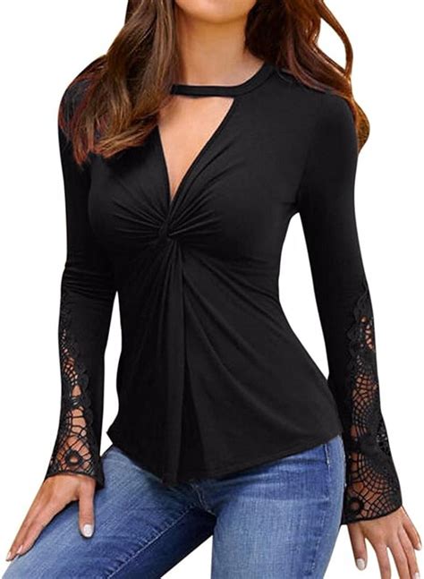 Bluse Damen Elegant Langarm Tiefem V Ausschnitt Oberteile Frauen