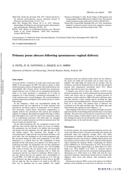 PDF Primary Psoas Abscess Following Spontaneous Vaginal Delivery