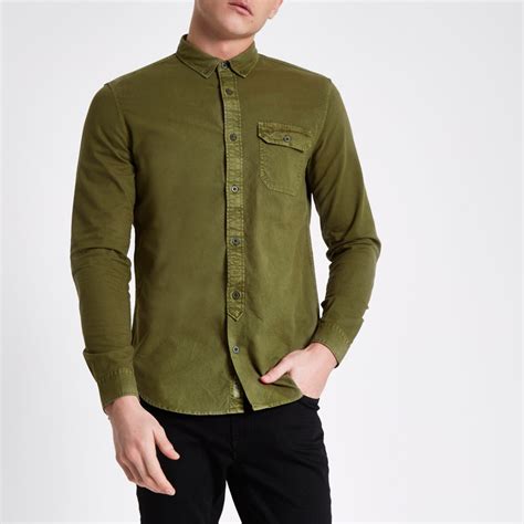 Dark Green Washed Slim Fit Button Down Shirt Shirts Sale Men