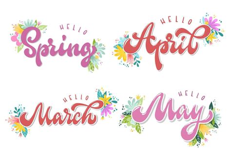 set of hand lettering spring month March, April, May, Spring decorated ...