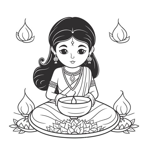 Coloring For Hindi Festival Indian Girl Sitting On Fire Outline Sketch