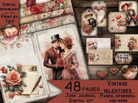 Valentines Junk Journal Kit Printable Digital Paper Vintage Junkjournal