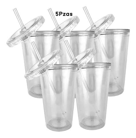 Vaso Acrílico Reutilizable 16oz Con Popote Doble Pared 5pzas Cuotas