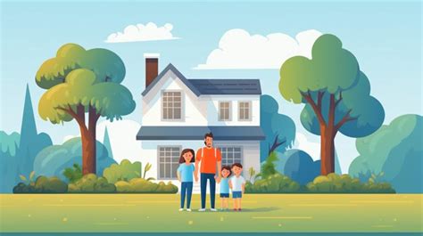 Una familia frente a una casa con un hombre y dos niños Vector Premium