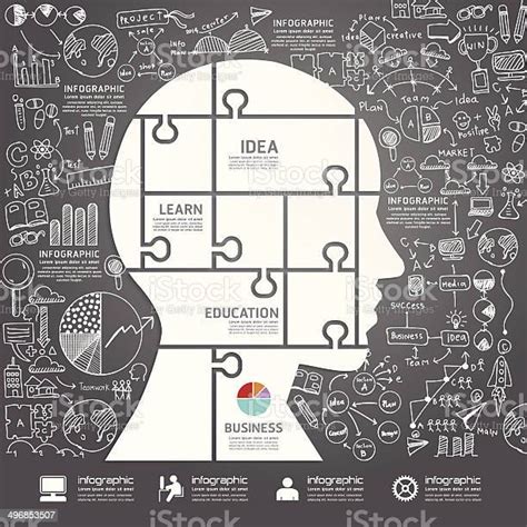 인포그래픽 헤드 지그소 Doodles 꺾은선형 그림이요 성공 지그소 퍼즐에 대한 스톡 벡터 아트 및 기타 이미지 지그소 퍼즐