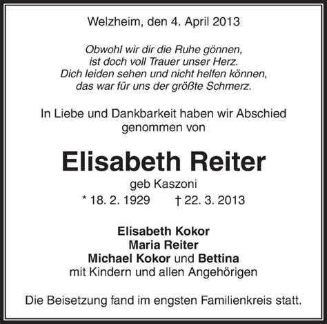 Traueranzeigen Von Elisabeth Reiter ZVW Trauer