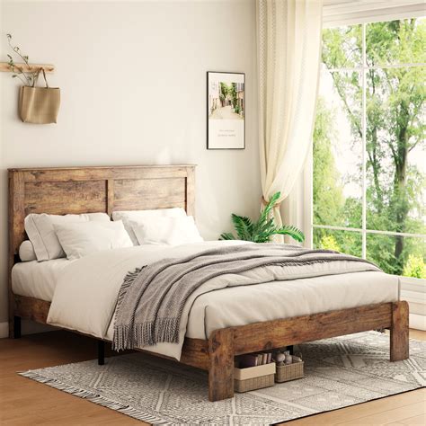 PAPROOS King Size Bed Frame, Rustic Wood Platform Bed with Headboard ...